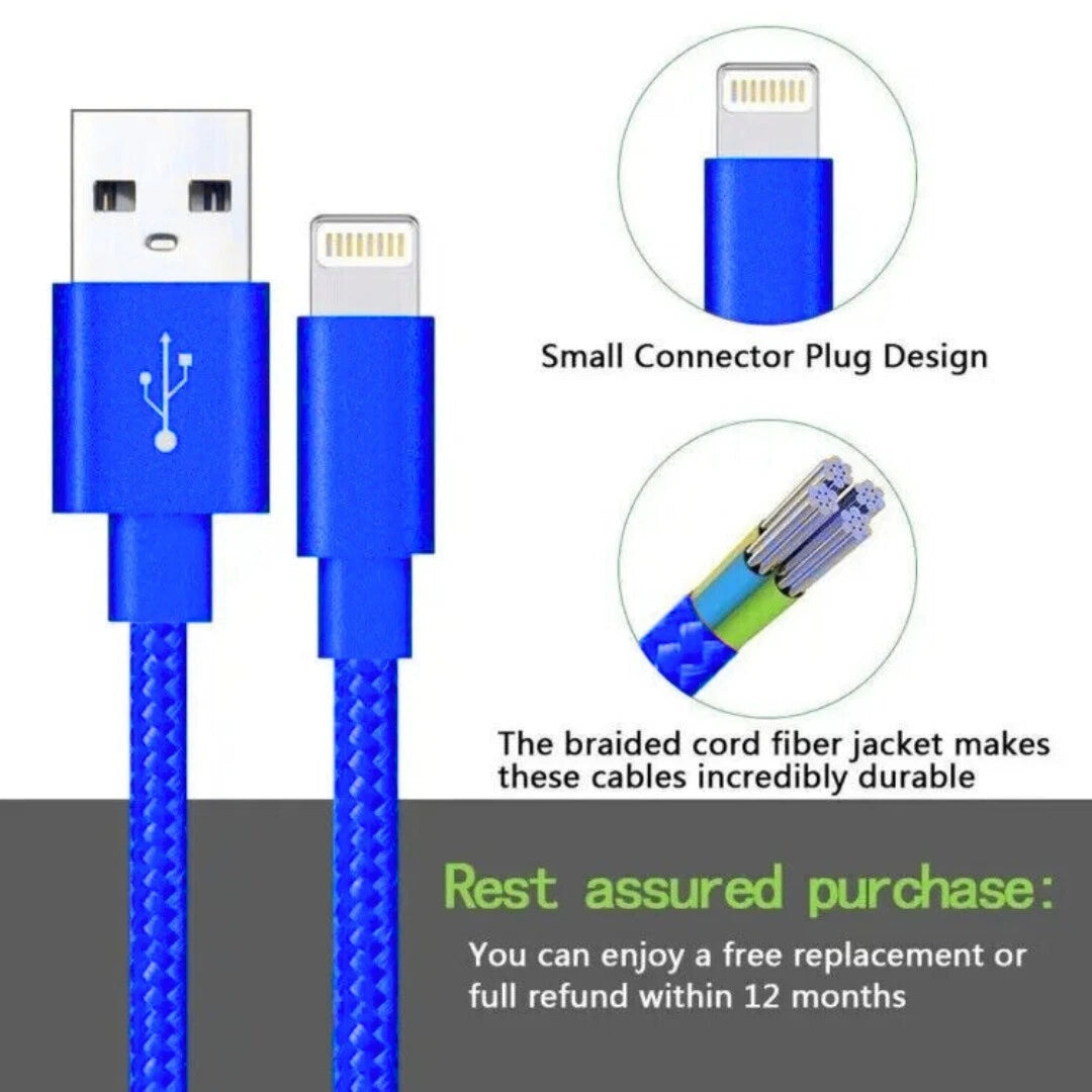 3M Blue USB To iPhone Braided Cable for iPhone Charger & Data Transfer