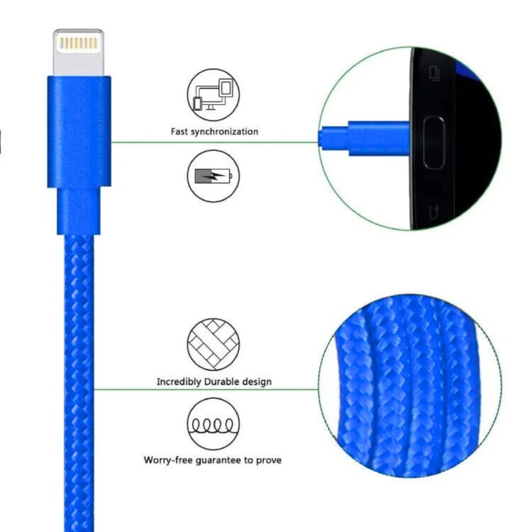 3M Blue USB To iPhone Braided Cable for iPhone Charger & Data Transfer